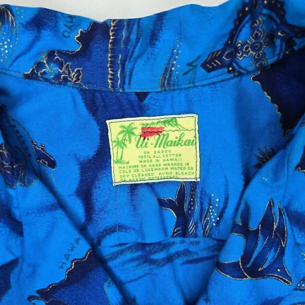 VINTAGE UI-MAIKAI COTTON HAWAIIAN SHIRT BLUE GOLD ISLANDS MENS SIZE MEDIUM